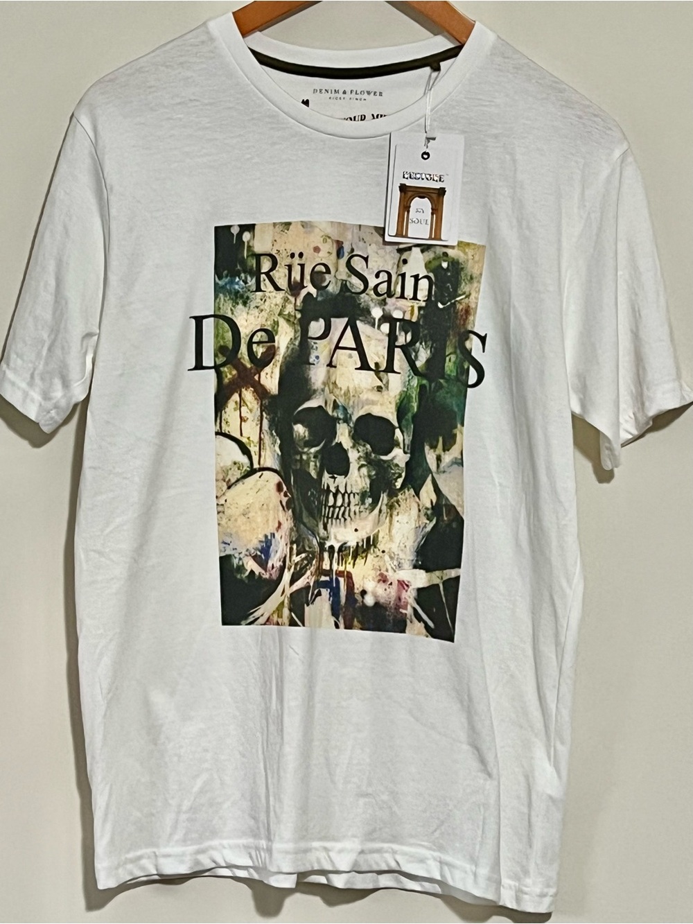 Denim & Flower White Graphic Skull Tee with Multicolor Print